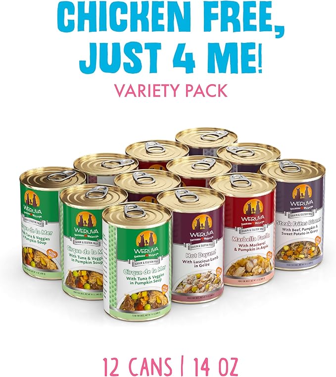 Weruva Classic Dog Food, Variety Pack, Chicken Free, Just 4 Me, Wet Dog Food, 14oz Cans (Pack of 12) - PAWPICO