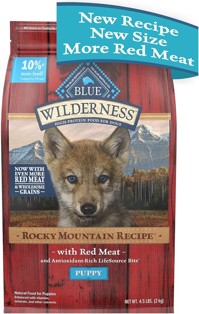Blue Buffalo Wilderness Rocky Mountain Recipe High-Protein Dry Puppy Food with DHA, Made in the USA with Natural Ingredients Plus Wholesome Grains, Red Meat, 4.5-lb. Bag - PAWPICO