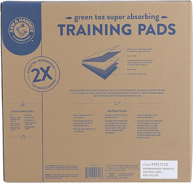 Arm&Hammer Green Tea Pet Training Pads 200Ct Dog Training Pads with Super Absorbing Green Tea and Arm&Hammer Baking Soda for 2X The Odor Control Leakproof & Recycled Training Pads for Dogs,Pack of 1 - PAWPICO