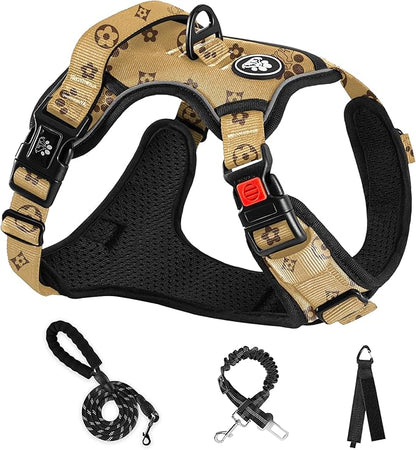 NESTROAD No Pull Dog Harness,Adjustable Oxford Dog Vest Harness with Leash,Reflective No-Choke Pet Harness with Easy Control Soft Handle for Large Dogs(X-Large,Light Brown) NESTROAD