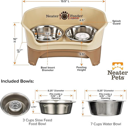 Neater Feeder - Express Model w/Slow Feed Bowl - Mess-Proof Dog Bowls (M/L, Cappuccino) Made in USA –Elevated, No Spill, Non-Tip, Non-Slip, Raised Stainless Steel Food/Water Pet Bowls Aid Digestion - PAWPICO