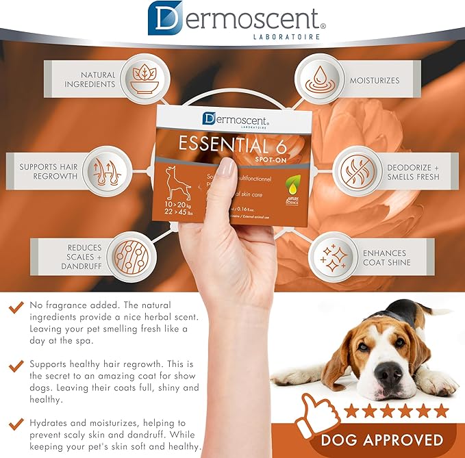 Dermoscent Essential 6 spot-on - Dog Skin Care for Dandruff & Allergy Relief with Vitamin E Oil - Anti Itch for Dogs - Natural Ingredients for Sensitive Skin - Dogs 10-20 kg - 4 Pipettes of 1.2 ml Dermoscent