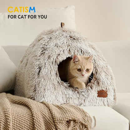 CATISM Cat Bed, Cat Cave for Indoor Cats, Soft Cat Dome, Self-Warming 2 in 1 Foldable Pet Cat House with Washable Cushioned Pillow Calming Fluffy Dog Beds for Small Dogs with Anti-Slip Bottom Brown - PAWPICO