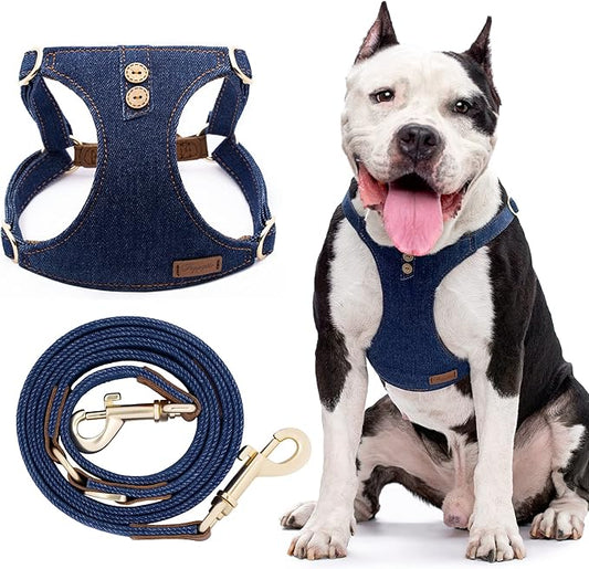 No Pull Dog Harness with Multifunction Dog Leash,Soft Adjustable No Choke Escape Proof Pet Harness Vest for Medium Dogs or Large Dogs,Denim Blue,L Puppytie