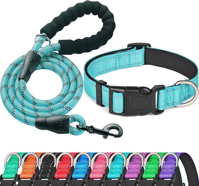 Reflective Dog Collar Padded with Soft Neoprene Breathable Adjustable Nylon Dog Collars for Small Medium Large Dogs (Collar+Leash L Neck 19"-23.5", Blue) ladoogo