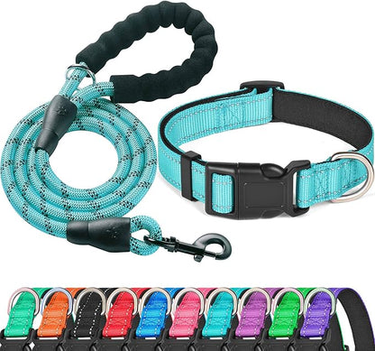 Reflective Dog Collar Padded with Soft Neoprene Breathable Adjustable Nylon Dog Collars for Small Medium Large Dogs (Collar+Leash L Neck 19"-23.5", Blue) ladoogo