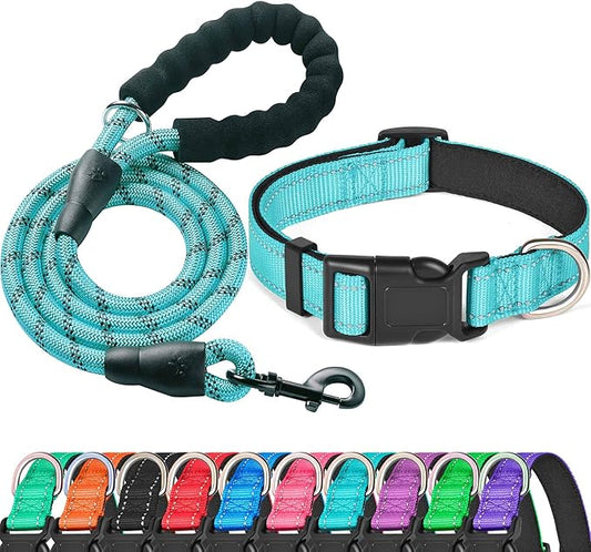 Reflective Dog Collar Padded with Soft Neoprene Breathable Adjustable Nylon Dog Collars for Small Medium Large Dogs (Collar+Leash L Neck 19"-23.5", Blue) ladoogo