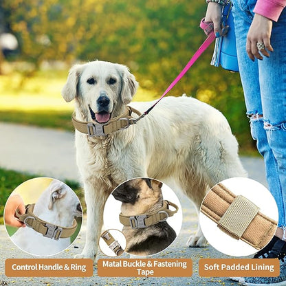 Tactical Dog Collar - Military Dog Collar, Adjustable Heavy Duty Metal Buckle Nylon Dog Collar with Control Handle for Small Medium Large Dogs (Brown,XL) - PAWPICO