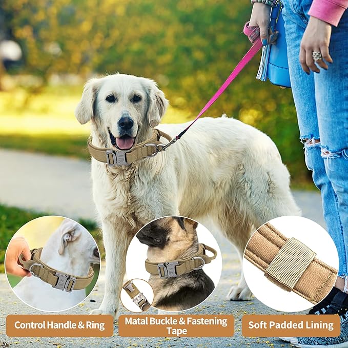 Tactical Dog Collar - Military Dog Collar, Adjustable Heavy Duty Metal Buckle Nylon Dog Collar with Control Handle for Small Medium Large Dogs (Brown, M) - PAWPICO