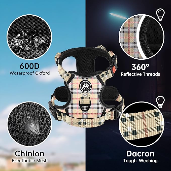 NESTROAD No Pull Dog Harness with Leash, Reflective No Choke Pet Vest Harness,Adjustable Soft Padded Dog Harness with Easy Control Handle for Large Dogs(Checkered Beige,X-Large) NESTROAD