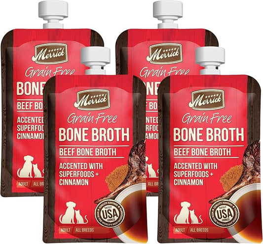 Merrick Grain Free Bone Broth, Premium Human Grade And Gluten Free Dog And Cat Food Topper Pouches, Beef - 7 oz. Pouch (Pack of 4) - PAWPICO