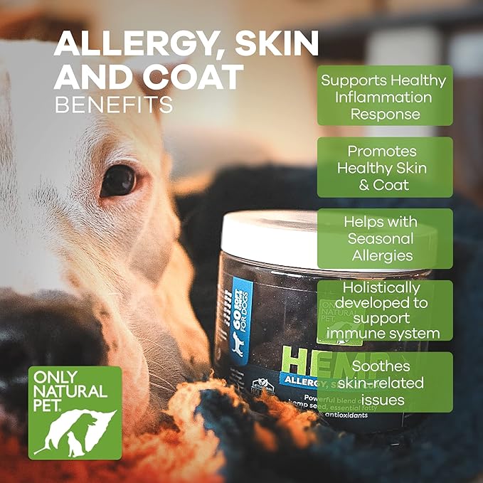 Only Natural Pet Allergy, Skin & Coat Hemp Soft Chews - Allergy Immune Bites for Dogs, Omega 3 Supplement, Hemp Oil - Calming Treats for Itchy Skin Relief, Hot Spot - (60 Count) OnlyNaturalPet