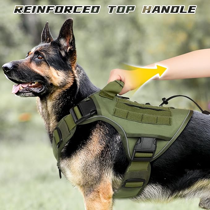 WINGOIN Tactical Dog Harness for Extra Large Dogs, Heavy Duty No Pull Dog Harness with Handle, Adjustable Reflective Military K9 German Shepherd Big Dog Vest for Training, Walking, Green (XXL) - PAWPICO