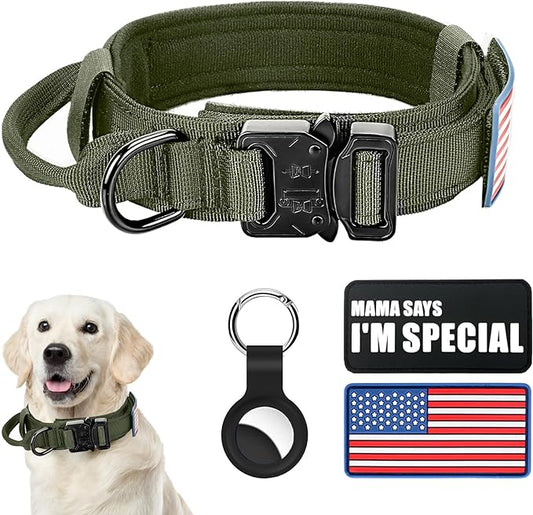 Tactical Dog Collar Military Dog Collar Adjustable Nylon Dog Collar Heavy Duty Metal Buckle with Handle for Dog Training,with Patches (Green, L) Celifelight