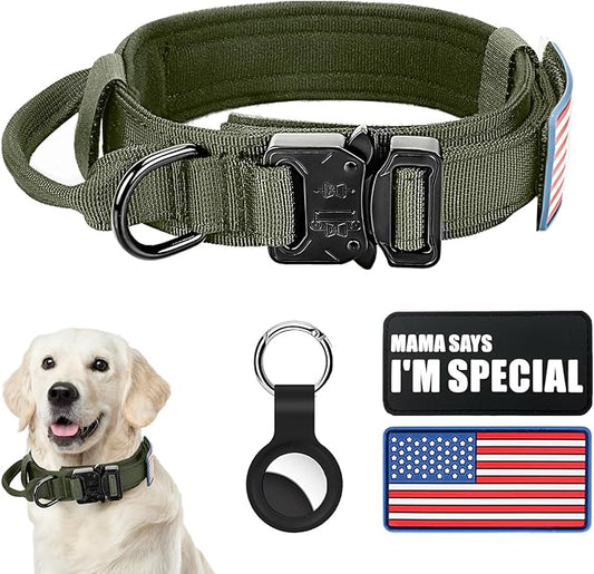 Tactical Dog Collar Military Dog Collar Adjustable Nylon Dog Collar Heavy Duty Metal Buckle with Handle for Dog Training,with Patches(Green, M) Celifelight