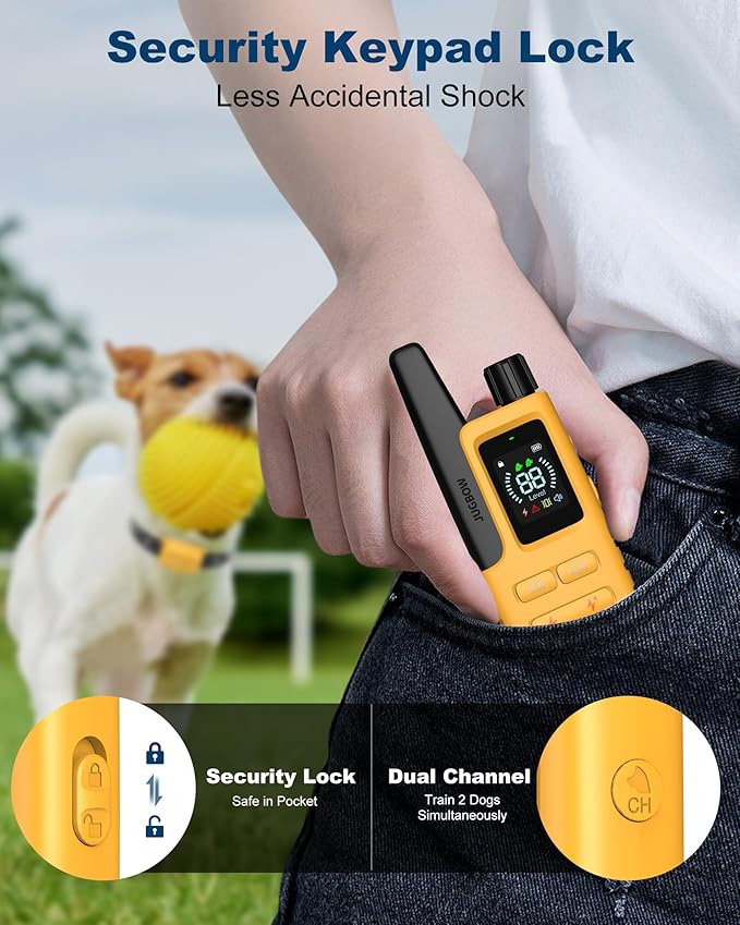 Jugbow Dog Shock Collar - 3300FT Dog Training Collar with Remote IPX7 Waterproof Electric Collar with 4 Training Modes, Security Lock, Rechargeable e-Collar for All Breeds, Sizes Yellow FollowJugbowtoGetSurprise