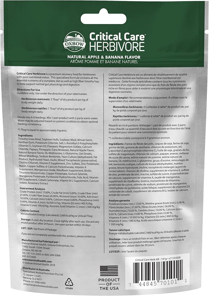 Oxbow Critical Care Herbivore - Nutritionally Complete Feeding Assist Formula for Small Animals & Pets - Critical Care Herbivore Apple-Banana (141g) OxbowAnimalHealth