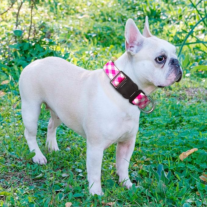 Reflective Dog Collar Padded with Soft Neoprene Breathable Adjustable Nylon Dog Collars for Small Medium Large Dogs (Medium (Pack of 1), Pink Plaid Collar+Leash) ladoogo
