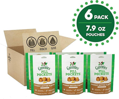 Greenies Pill Pockets for Dogs Capsule Size Natural Soft Dog Treats with Real Peanut Butter, (6) 7.9 oz. Packs (180 Treats) - PAWPICO