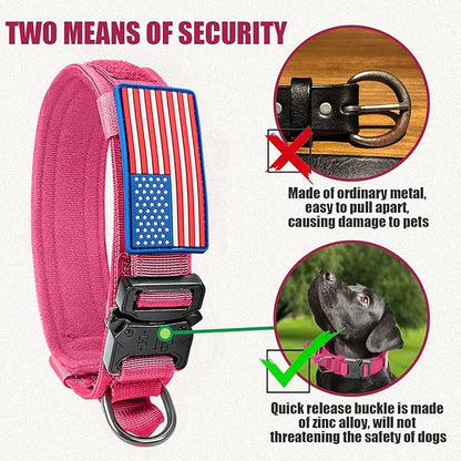 Tactical Dog Collar Military Dog Collar Adjustable Nylon Dog Collar Heavy Duty Metal Buckle with Handle for Dog Training,with Patches (Pink(1PCS), L) Celifelight