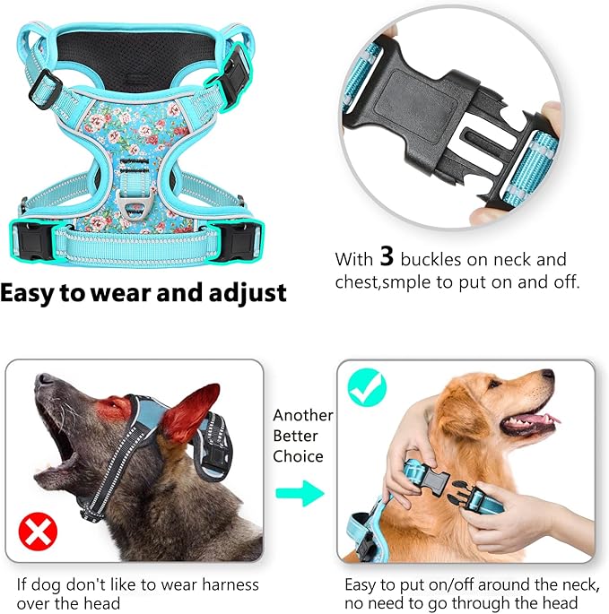 Timos No Pull Dog Harness,NO Need Go Over Dogs Head 3 Snap Buckles Reflective Oxford No Choke Harness with Front&Back 2 Metal Leash Clips Soft Padded for Small Medium Large Dogs,X-Large (Pack of 1) Timos