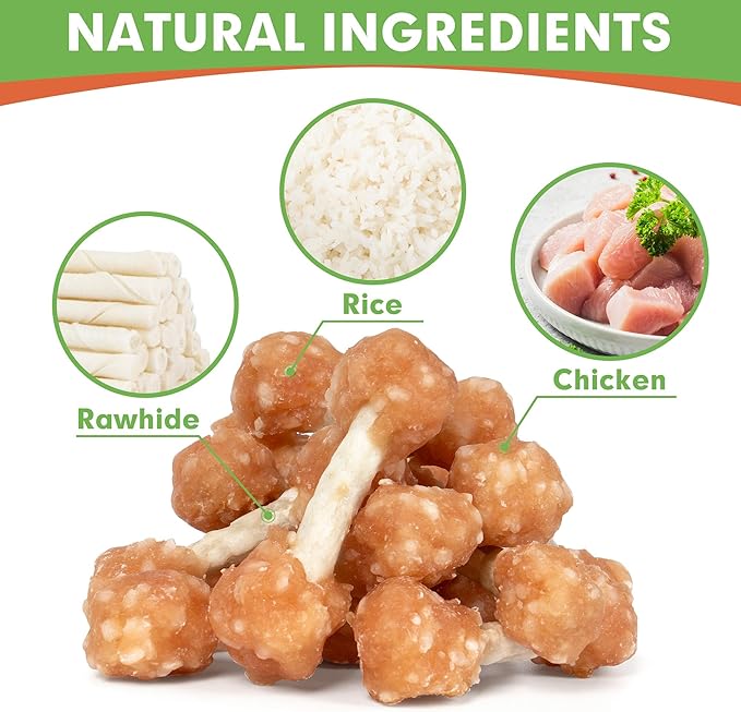 MON2SUN Dog Treats, 16oz Mini Rawhide Dog Chews, Chicken Dumbbells with Rice for Small Dogs & Toy Breed, Crunchy and Healthy (2.5 Inch 30 Count) - PAWPICO