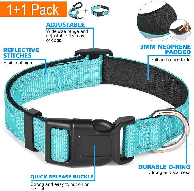 Reflective Dog Collar Padded with Soft Neoprene Breathable Adjustable Nylon Dog Collars for Small Medium Large Dogs (Medium (Pack of 1), Blue Collar+Leash) ladoogo