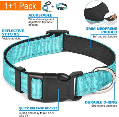 Reflective Dog Collar Padded with Soft Neoprene Breathable Adjustable Nylon Dog Collars for Small Medium Large Dogs (Collar+Leash L Neck 19"-23.5", Blue) ladoogo