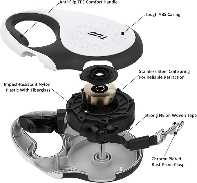 TUG Tiny 360° Tangle-Free Retractable Dog Leash with Anti-Slip Handle | 10 ft Nylon Tape| One-Handed Brake, Pause, Lock (White) TUG