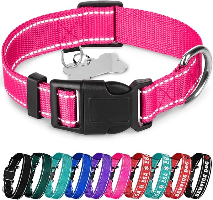 TECEUM Reflective Pet Collar – Hot Pink – S – Basic Nylon Dog Collar – Quick Release Buckle – Fits Small, Medium and Large Dogs, Puppies, Cats – ESA & Service Dog Options TECEUM