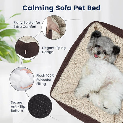 Miguel Washable Dog Bed with Removable Cushion for Small Dogs, Easy to Wash Pet Sofa Bed with Side, Rectangle Bolster Cat Bed Calming Cuddle Puppy Bed with Anti-Slip Bottom, Dark Brown 18 Inch - PAWPICO