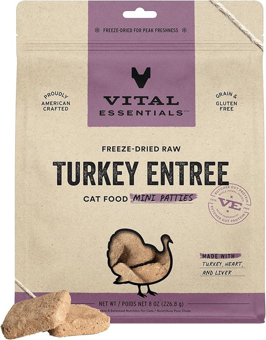 Vital Essentials Freeze Dried Raw Cat Food, Turkey Mini Patties Entree, 8 oz VitalEssentials
