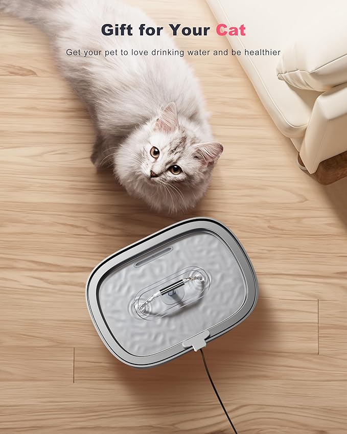 Cat Water Fountain Stainless Steel: 3.2L/108oz Pet Fountain Water Bowl Automatic Drinking Dispenser Cat Feeding & Watering Supplies, Ultra-Quiet Pump & Replacement Filter for Cats Inside(Living Pink) - PAWPICO