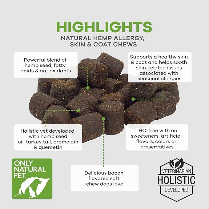 Only Natural Pet Allergy, Skin & Coat Hemp Soft Chews - Allergy Immune Bites for Dogs, Omega 3 Supplement, Hemp Oil - Calming Treats for Itchy Skin Relief, Hot Spot - (120 Count) OnlyNaturalPet