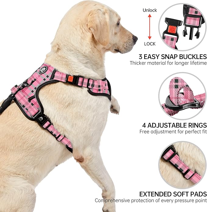 NESTROAD No Pull Dog Harness with Leash, Reflective No Choke Pet Vest Harness,Adjustable Soft Padded Dog Harness with Easy Control Handle for Small Dogs(Checkered Pink,Small) NESTROAD