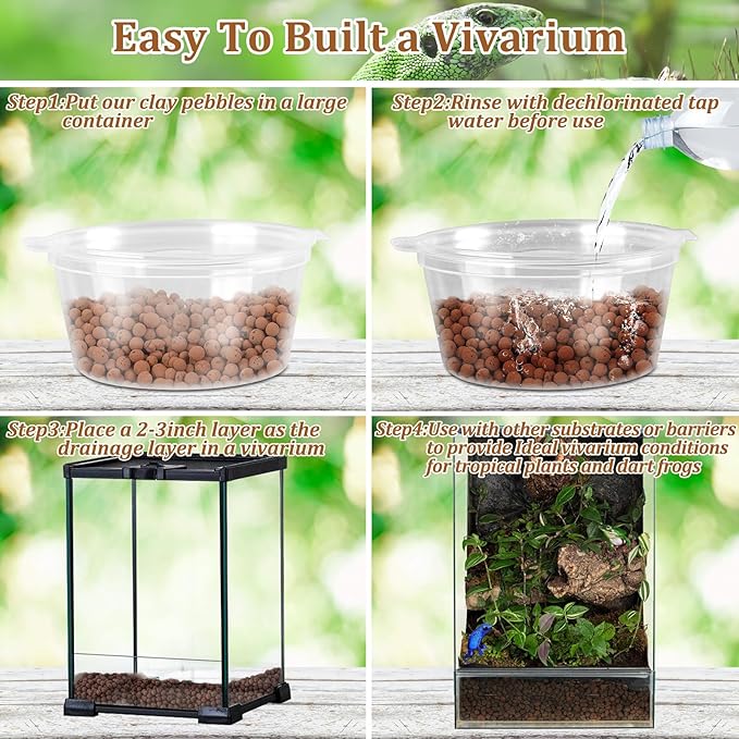 Riare 4LBS Expanded Clay Balls Terrarium Substrate for Reptiles - 100% Organic Lightweight Clay Pebbles Substrate Frogs False Bottom Substrate, Bioactive Terrarium Substrate for Drainage and Moisture Riare