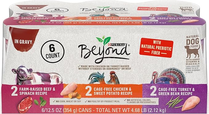 Purina Beyond Gravy, Beef, Chicken or Turkey in Gravy Ground Entree Grain Free Wet Dog Food Variety Pack - (Pack of 6) 12.5 oz. Cans - PAWPICO