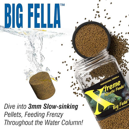 Xtreme Big Fella 3.0mm Pellets: Professional Nutrition for Medium to Large Cichlid/Community Fish - Boost Immune & Digestive Health, Color & Energy, Max Protein Fish Food – USA Farm Grown (20oz) XtremeAquaticFoods