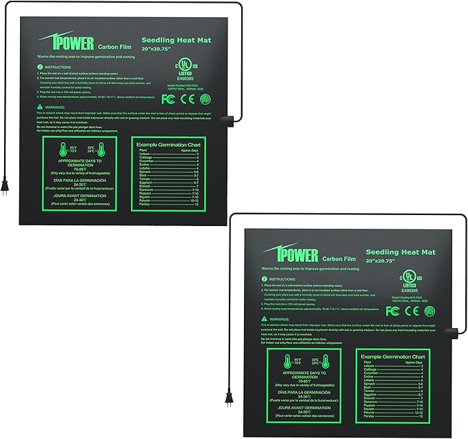 iPower 20" x 20.75" Seedling Heat Mat 2-Pack Upgraded Carbon Film Durable Waterproof Indoor Warm Hydroponic Plant Germination Starting Pad, Black iPower