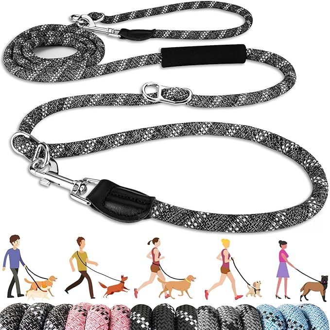 Lukovee Hands Free Dog Leash, 10FT Adjustable Dog Training Leash 1/2 Inch Nylon Heavy Duty Lead No Pull for Large Medium Dogs, Tangle Free Reflective Waist Leash for Dog Walking Running, Black&Gray Lukovee