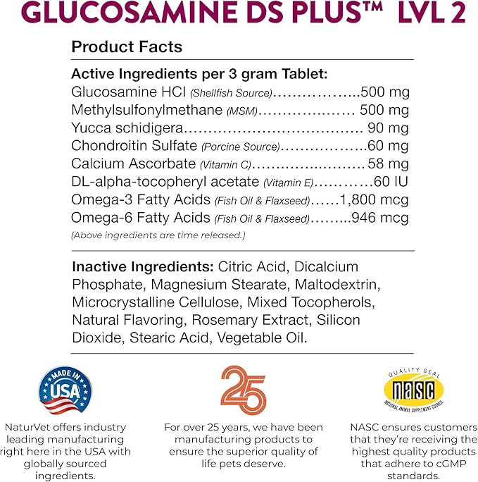 NaturVet Glucosamine DS Plus Level 2 Moderate Care Joint Support Supplement for Dogs and Cats, Chewable Tablets Time Release, Made in The USA, 240 Count NaturVet