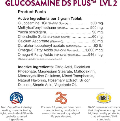 NaturVet Glucosamine DS Plus Level 2 Moderate Care Joint Support Supplement for Dogs and Cats, Chewable Tablets Time Release, Made in The USA, 240 Count NaturVet