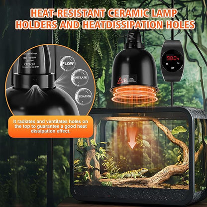 Reptile Light Fixture with Thermostatic Timer, 5.5'' Reptile Heat Lamp Fixture, Added Switch Control Function with 100W Heat Lamp Bulbs for Reptile Glass Terrariums PAWPICO