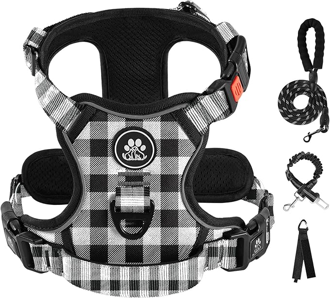 IVY&LANE No Pull Dog Harness with Leash Set, Reflective No Choke Pet Vest,Adjustable Oxford Dog Vest Harness with Easy Control Handle for Medium Lagre Dogs (Checkered Black,M) IVYLANE