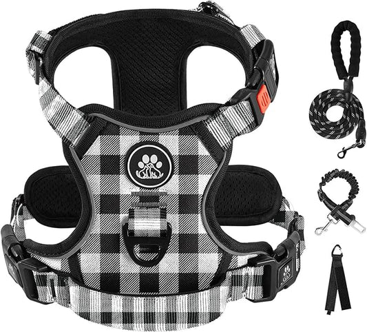 IVY&LANE No Pull Dog Harness with Leash Set, Reflective No Choke Pet Vest,Adjustable Oxford Dog Vest Harness with Easy Control Handle for Large Dogs (Checkered Black,XL) IVYLANE