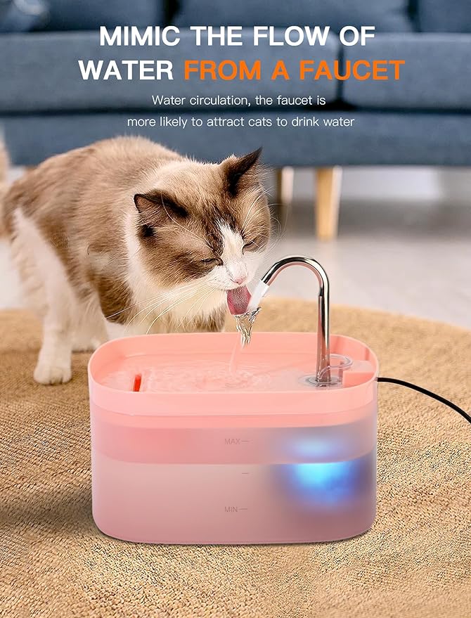 Cat Water Fountain, 84OZ/2.5L Cat Fountain, Super Silent Pet Water Fountain, Activated Carbon Filter, Translucent Pet Water Dispenser Suitable for Multiple Pets Family (Pink) - PAWPICO