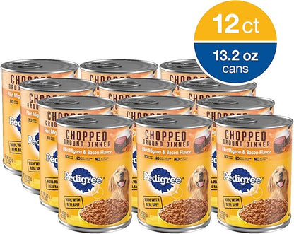 PEDIGREE CHOPPED GROUND DINNER Adult Canned Soft Wet Dog Food, Filet Mignon & Bacon Flavor, 13.2 oz. Cans (Pack of 12) - PAWPICO