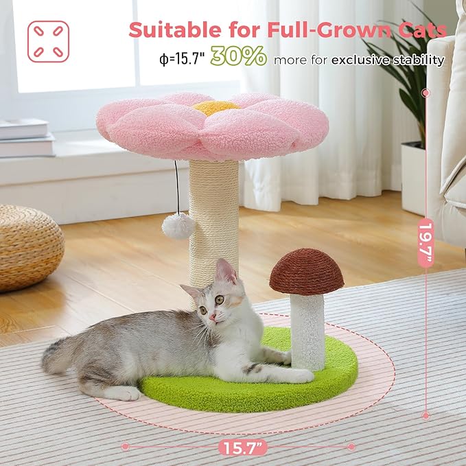 PETEPELA Cat Scratching Post, Mushroom Cat Scratcher Cute Cat Tree Tower with Thick Scratching Post & Removable Flower Cat Bed [Dia=15.7''], Tall Cat Post for Kittens and Indoor Small Cats, Pink - PAWPICO