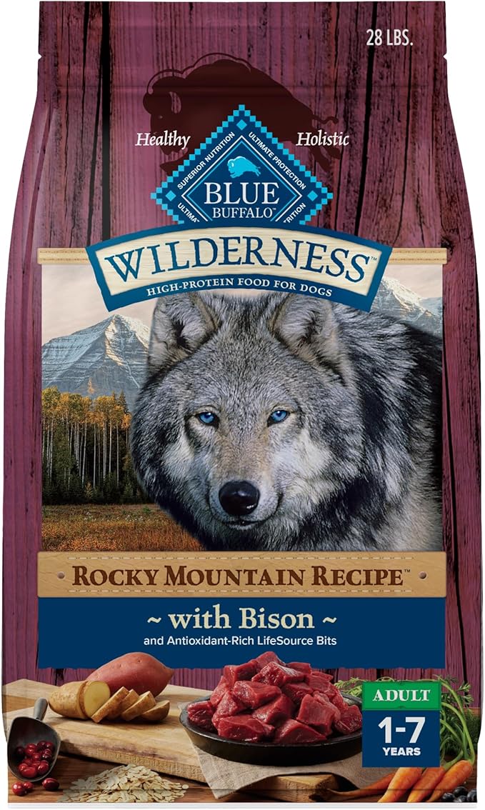 Blue Buffalo Wilderness Rocky Mountain Recipe High-Protein Adult Dry Dog Food, Made in the USA with Natural Ingredients Plus Wholesome Grains, Bison, 28-lb. Bag - PAWPICO