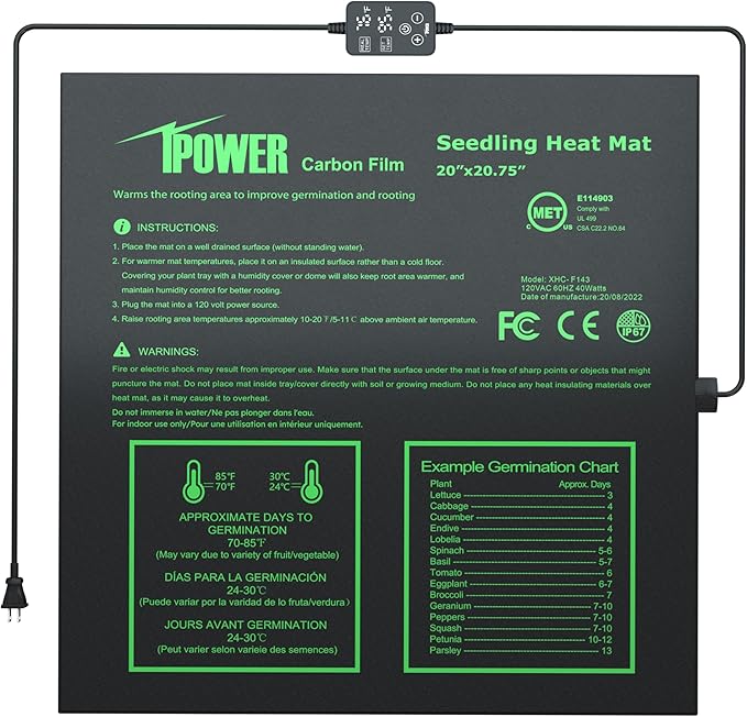 iPower Seedling Heat Mat for Plants with Dual Digital Temperature Controller, MET Certified Heating Pad, 20" x 20.75", Black iPower